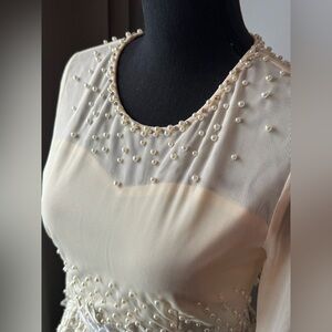 Metisu sheer top beige and gold floral pearl party dress.  Nwt